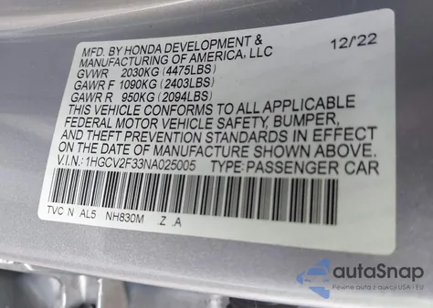 2022 Honda Accord Sport 2.0T z USA, uszkodzony, nr VIN 1HGCV2F33NA025005